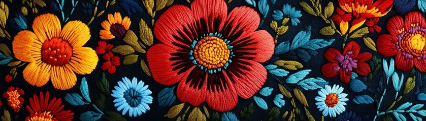 Vibrant floral pattern with colorful flowers on a dark background.