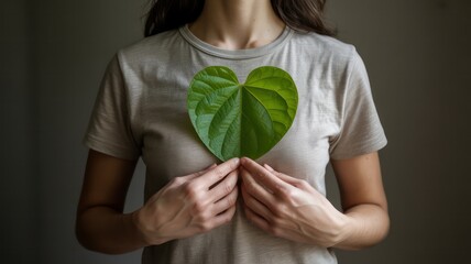 A person in a grey t-shirt holds a vibrant green, heart-shaped leaf to their chest, symbolizing love for nature, health, sustainability, and mindfulness against a dark, neutral background.