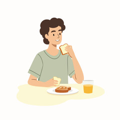 Man eating sandwich and egg breakfast flat cartoon vector