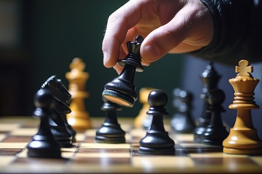 Chess game checkmate moment with hand capturing king in dramatic strategy scene