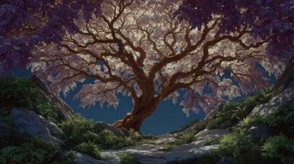 Fototapeta premium Enchanting Pink Purple Blossom Tree Fantasy Landscape Digital Art