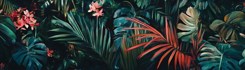 Vibrant tropical foliage with colorful flowers, lush greenery, and exotic leaves.