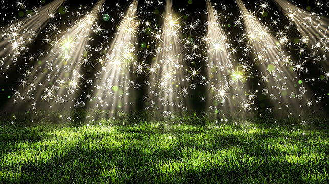 Expansive field of grass highlighted by spotlights creating a dramatic illumination in the night sky.