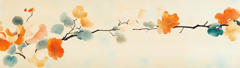 Watercolor painting of colorful flowers and branches on a soft background.