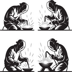 A black and white vector illustration of welders working with welding torches in four different poses