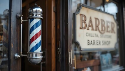 Classic barber shop entrance with iconic pole and vintage sign