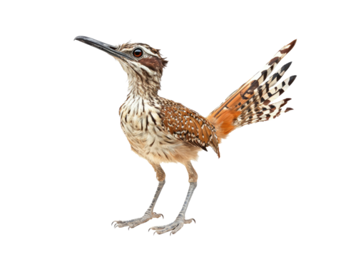 Realistic roadrunner bird standing with tail raised, white background.