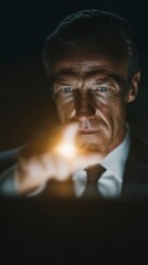 Serious Businessman Analyzing Data  Cinematic Lighting  Close up Portrait