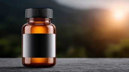 Amber Supplement Bottle Mockup  Blank Label  Nature Background