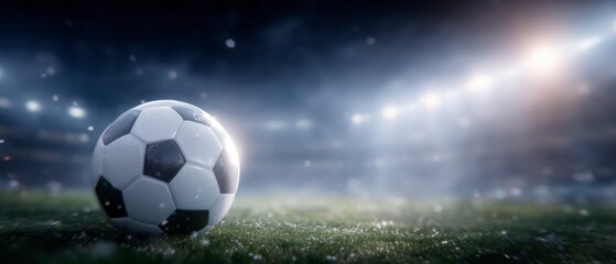 Dramatic Soccer Ball on Field  Night Game  Stadium Lights  3D Render