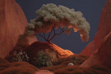 Serene Desert Oasis  Tree  Rocks  Grass  Cinematic Lighting  Nature Scene