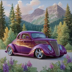Vintage Purple Classic Car in Mountain Forest Landscape