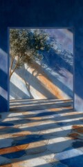 Abstract Sunlight Shadow  Tree  Blue Wall  Stone Floor  Geometric  Minimalist Interior Des