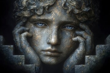 Dramatic Statue  Blue Eyed Boy  Stone Sculpture  Artistic Portrait  Grief  Cinematic Light