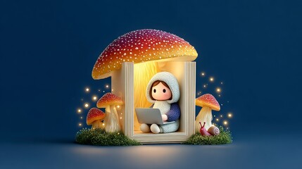 Cozy Mushroom House  Girl Working on Laptop in Magical Forest