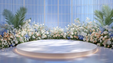 Elegant White Round Floral Stage  Pastel Wedding Decor  Product Display