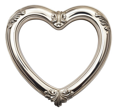 Elegant silver heart shaped picture frame with ornate floral details isolated on transparent background