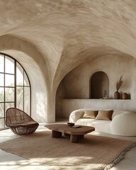 Fototapeta premium Mediterranean airy loft with minimal clay furniture, curved interior walls, and filtered sunlight Sunlit Mediterranean Texture Living Southern Coastal Calm Interiors