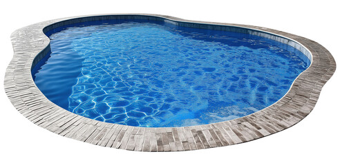Swimming pool with clear blue water surrounded by stone tile deck, isolated on transparent background