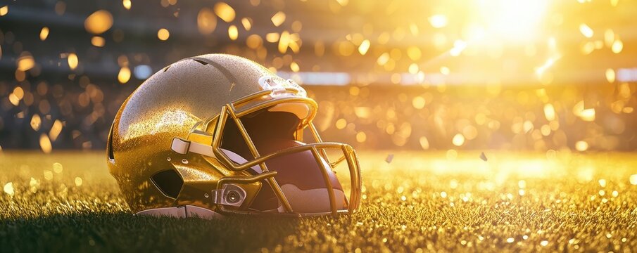 A glistening golden football helmet and ball rest on the grass, embodying the spirit of the sport