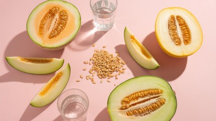 Vibrant flat lay of sliced melons and honeydew on a pink background with scattered seeds and water glasses, evoking freshness, tropical vibes, healthy eating, and summer refreshment.