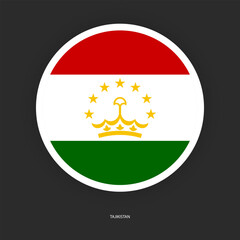 Tajikistan circle flag icon with shadow on dark background. Tajikistan button icon with white border isolated dark grey background	
