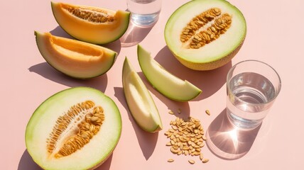 Vibrant flat lay of sliced melons and honeydew on a pink background with scattered seeds and water glasses, evoking freshness, tropical vibes, healthy eating, and summer refreshment.