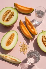 Vibrant flat lay of sliced melons and honeydew on a pink background with scattered seeds and water glasses, evoking freshness, tropical vibes, healthy eating, and summer refreshment.