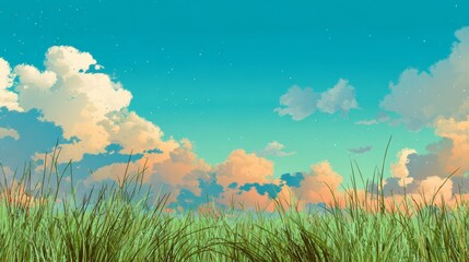 Obraz premium Nature background with green grass and colorful sky. Vector illustration.