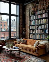 Brooklyn industrial-meets-books flat with metal-framed windows, hardwood floors, and built-in wall-to-wall bookshelves Urban Literary Loft Aesthetic Industrial Book-Filled Interiors
