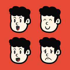 Cartoon boy facial expressions in flat vector style showing happy, sad, surprised, and cheerful emotions on red background. Editable character icons for various creative uses