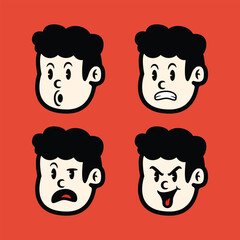 Cartoon boy facial expressions in flat vector style showing happy, sad, surprised, and cheerful emotions on red background. Editable character icons for various creative uses