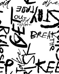 Abstract seamless chaotic pattern with urban graffiti words, scuffed and sprays. Grunge texture background. Wallpaper . Fashion sport style