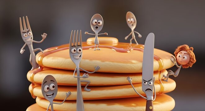 Animated Cutlery Around Stack of Pancakes Covered in Syrup - Powered by Adobe