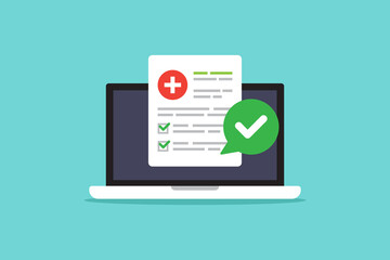 vector illustration of Digital Health Report on Laptop With Completed Checklist.