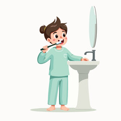 Child brushing teeth in bathroom with happy face flat vector