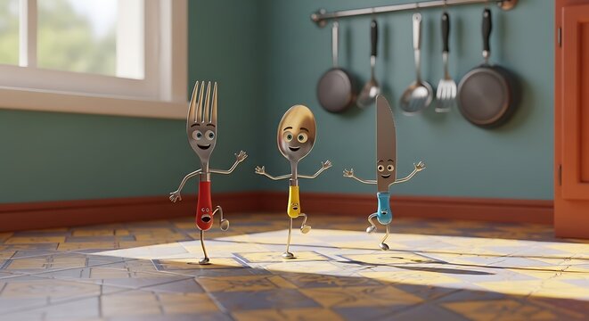 Animated Cutlery Having Fun in a Kitchen