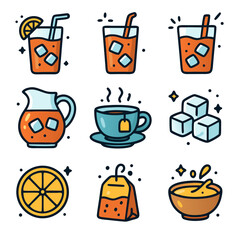 Iced tea cartoon icons suitable for beverage industry. Refreshing designs perfect for branding, menus, and social media graphics.