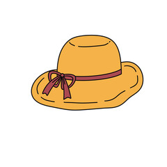 A yellow hat with a red ribbon tied around it