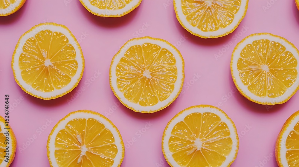 Poster lemon slices arranged in a neat pattern on a vibrant pink background.