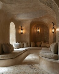 Moroccan texture pocket flat with tadelakt walls, handmade mosaic tiles, and carved wood niche Artisanal Moroccan Micro-Interiors Boho Textural Compact Living