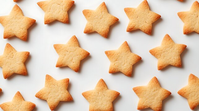 Golden star-shaped cookies are arranged in a neat pattern on a white background, creating a festive and appetizing display.