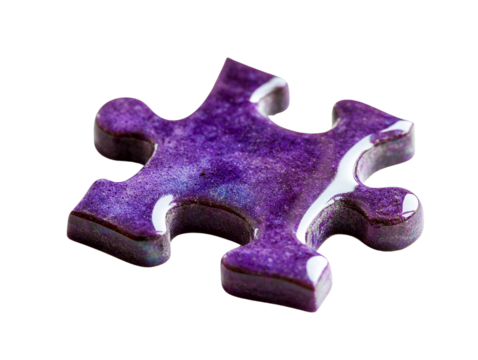 Single purple jigsaw puzzle piece isolated on transparent background, close-up view showing texture and detail.