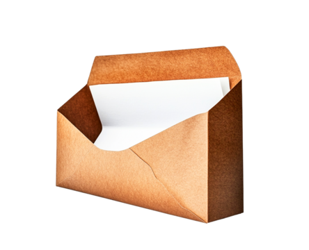 Brown kraft paper envelope mockup with blank white card inside, transparent background, studio shot, stationery, message, communication, correspondence, invitation, greeting, packaging, template,
