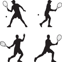 Four tennis players in various poses with rackets and balls in black silhouette on white background
