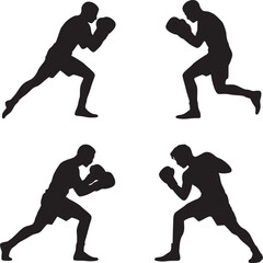 Four silhouettes of boxers in fighting stance with gloves on a white background in a collage format