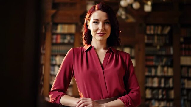 A confident woman in a red blouse stands in a vintage library, surrounded by books, conveying a sense of knowledge and sophistication - teacher and sexy