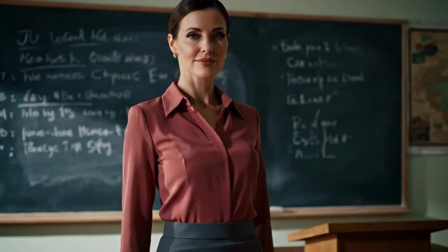 A confident teacher stands in front of a chalkboard filled with mathematical equations, engaging students in a vibrant classroom setting - teacher and sexy - Powered by Adobe