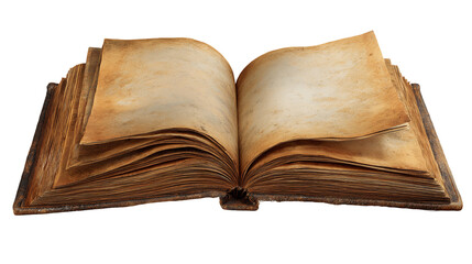 Aged Open Book with Yellowed Pages on Transparent Background, PNG