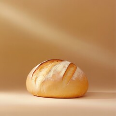 Freshly baked round bread loaf on warm beige background with soft lighting highlighting textures.